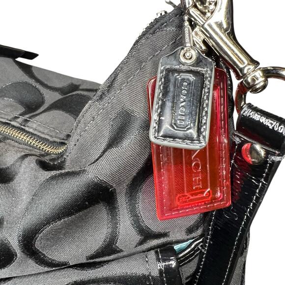 COACH Poppy Signature lurex Pocket Hobo Bag Black Gray Patent Leather 2 way - Picture 3 of 15